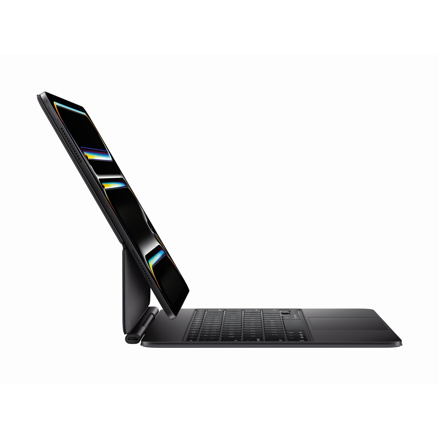 Black tablet with keyboard attachment angled. The screen is illuminated.