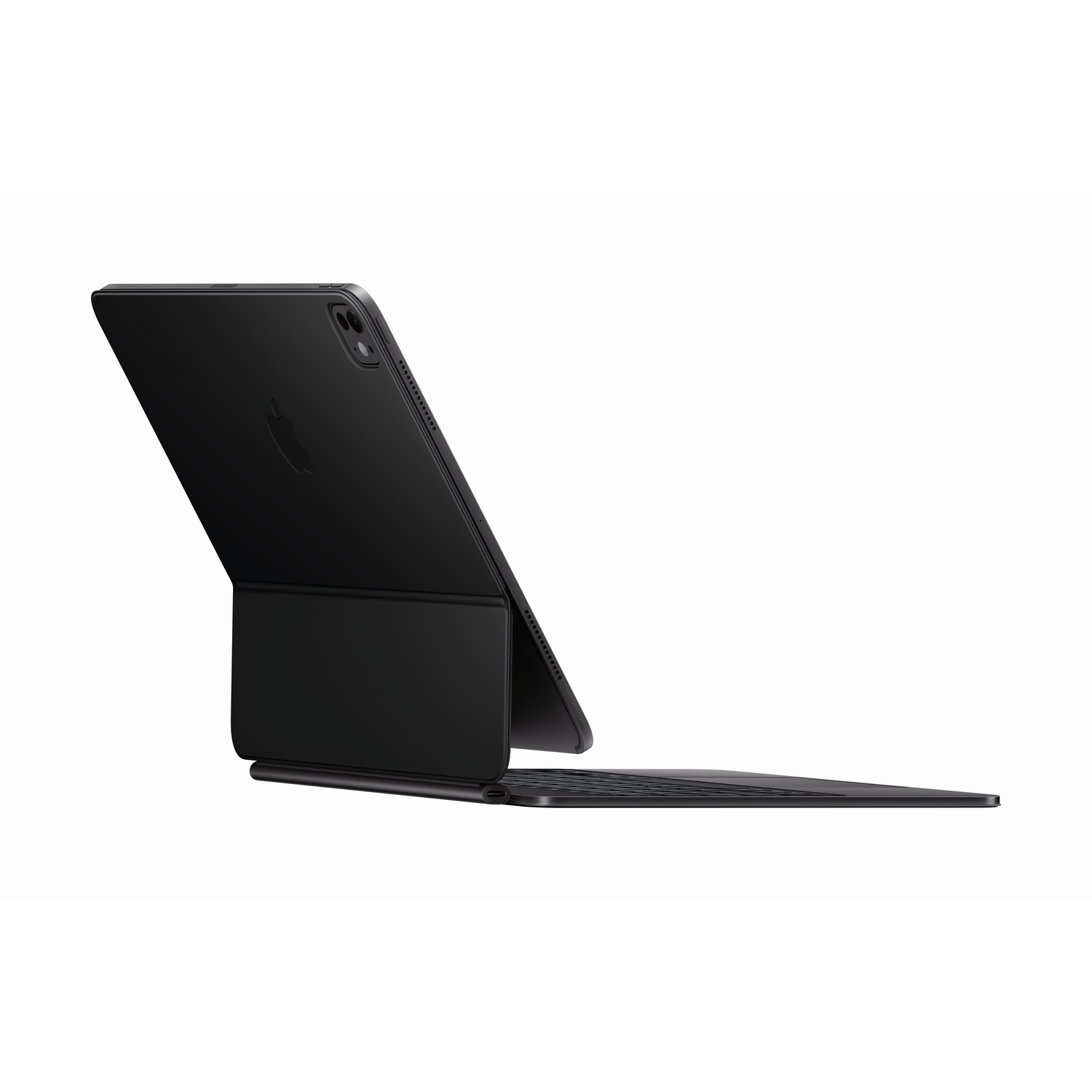 Black iPad with keyboard case, angled. The Apple logo is visible.