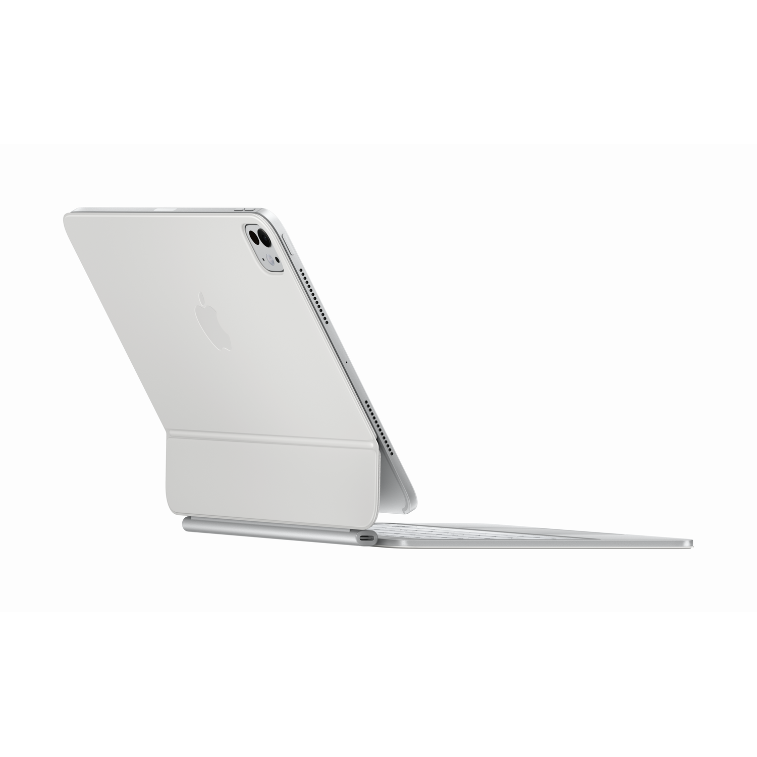 A white iPad Pro with a white keyboard case. The iPad is tilted slightly.
