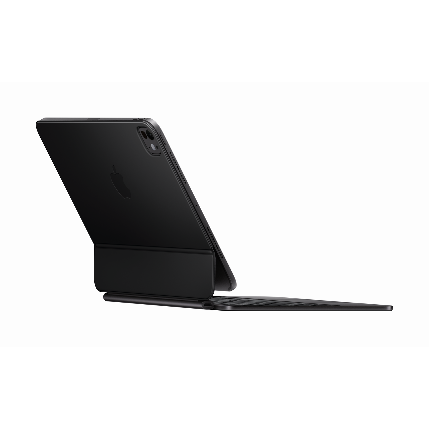 Black tablet with attached black keyboard case, tilted to the side.