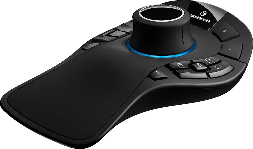 Mouse 3Dconnexion nero. Ha pulsanti e una manopola di controllo centrale.