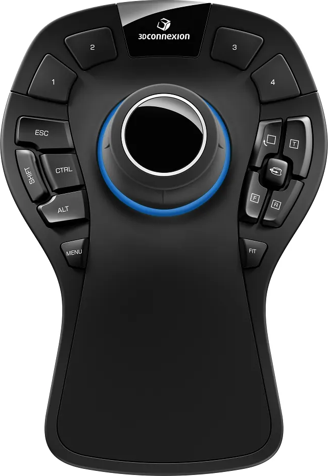 Un mouse 3Dconnexion nero con pulsanti e una rotella di scorrimento.