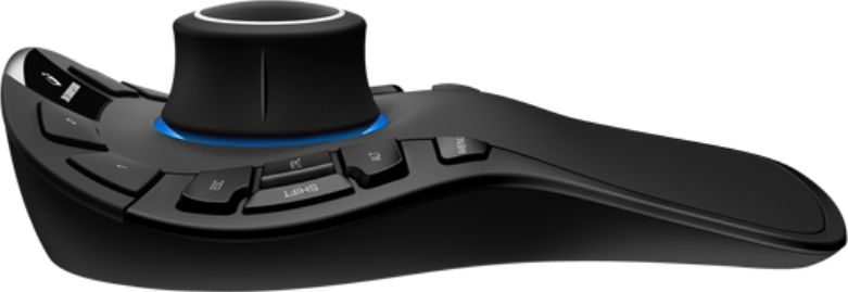 Mouse nero con manopola centrale, pulsanti e design curvo. È un mouse 3D.
