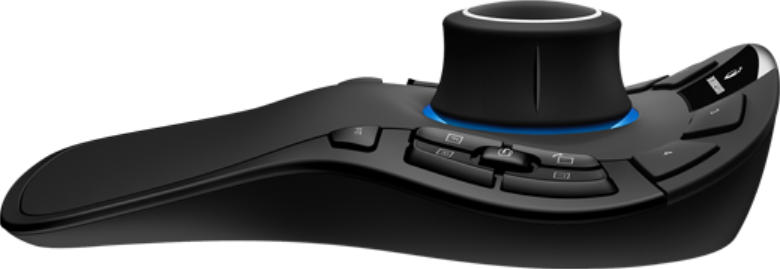 Un mouse 3D nero con pulsanti, un quadrante e un dettaglio di luce blu.