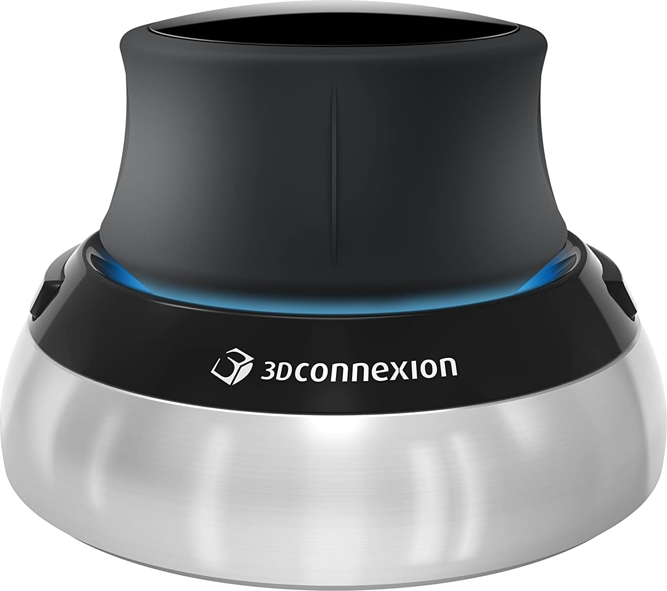 Mouse 3Dconnexion, parte superiore nera, base argentata, con luce blu attorno.