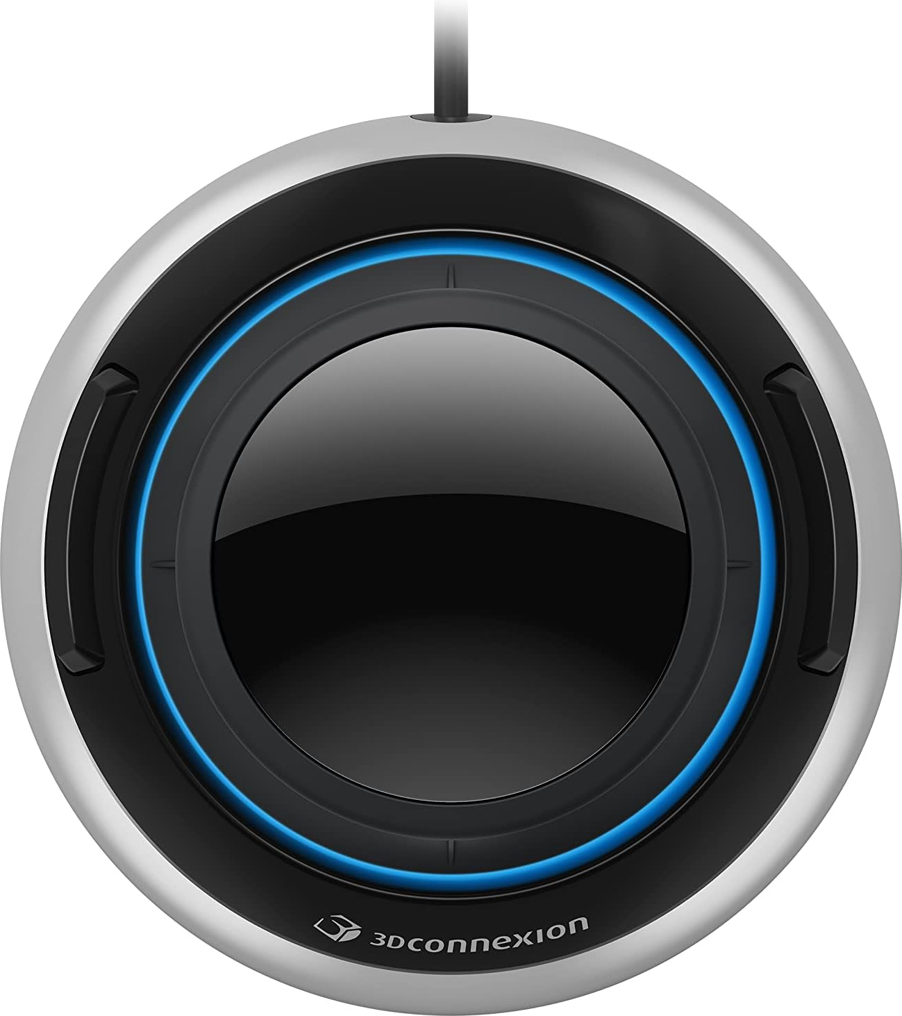 3Dconnexion SpaceMouse Pro nero e argento con una luce blu attorno al centro.