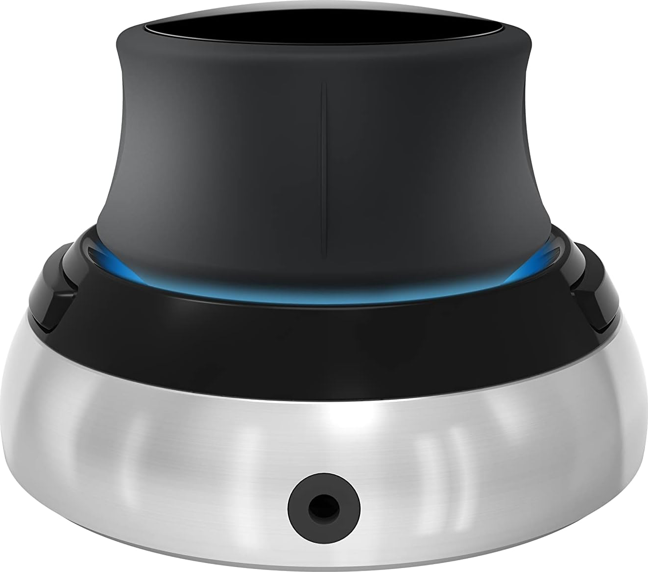 Un mouse 3Dconnexion nero e argento con parte superiore nera e base argentata.