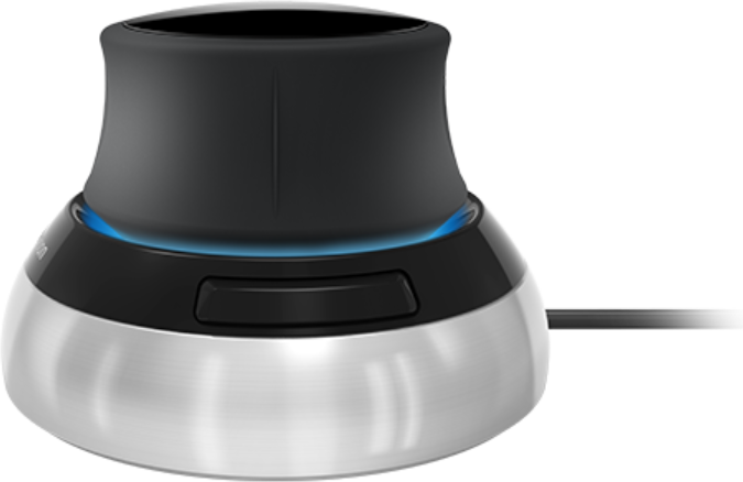 Un primo piano di un mouse 3D con parte superiore nera, base argentata e anello di luce blu.