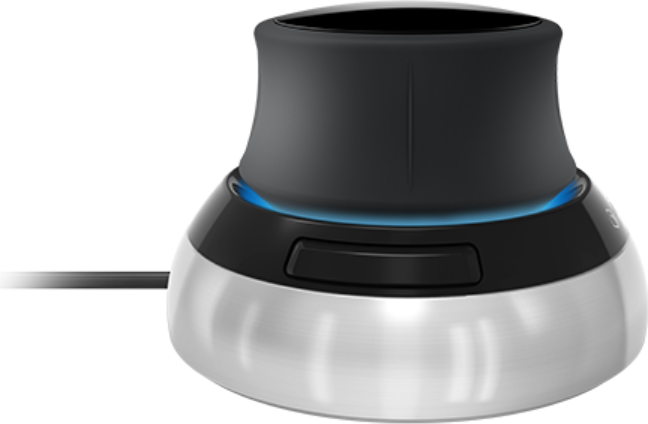Mouse 3D nero e argento. Ha una parte superiore nera e una base argentata con un pulsante.
