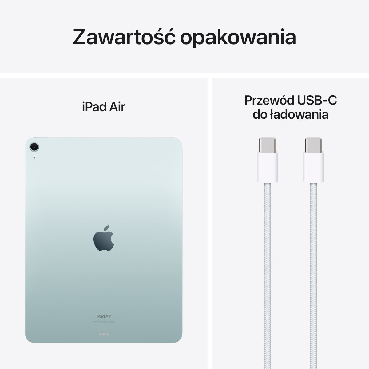 iPad Air i kabel ładujący USB-C. Tekst: iPad Air i kabel ładujący USB-C.