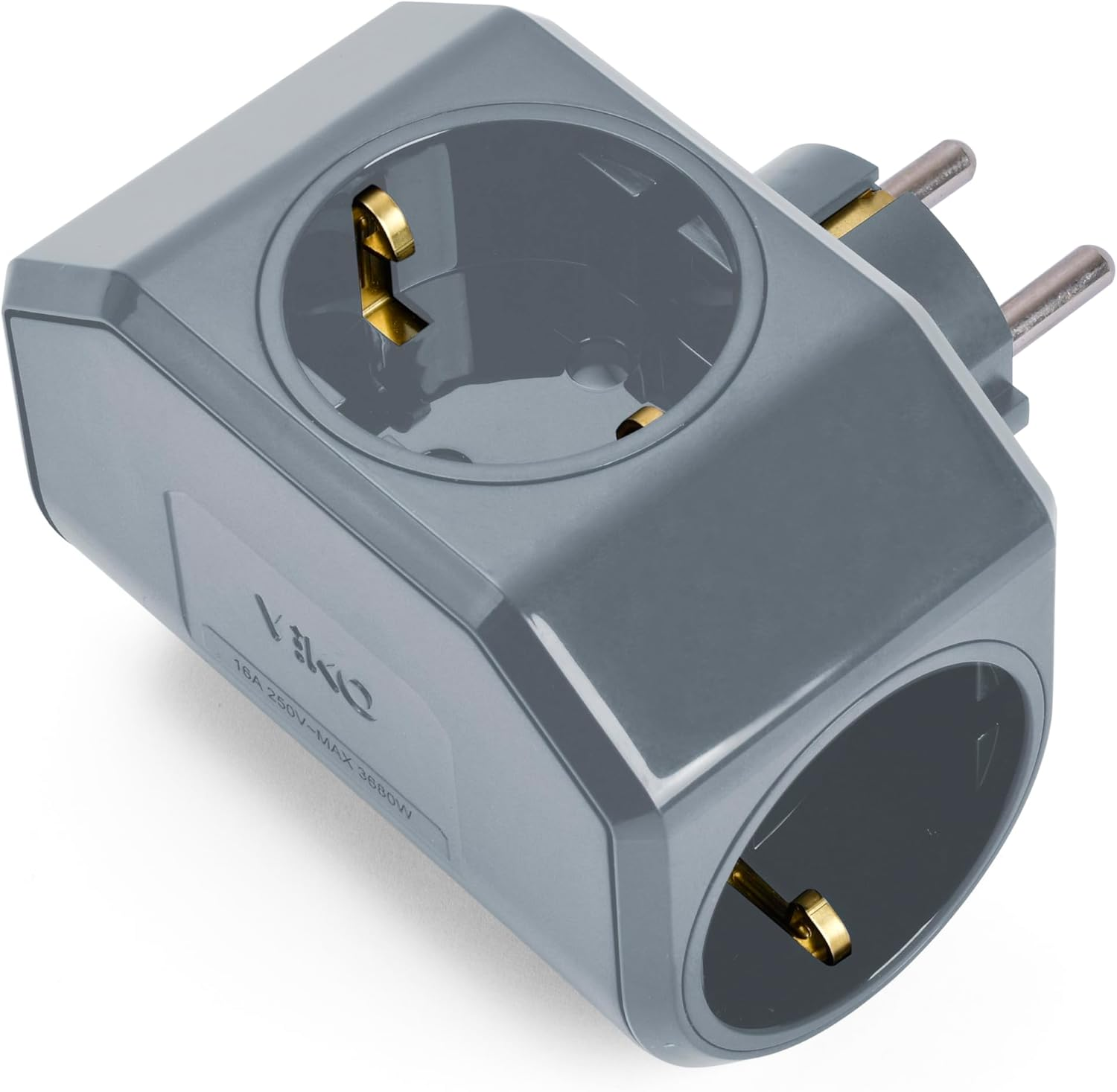 Üç çıkışlı gri, üç yollu bir fiş adaptörü.