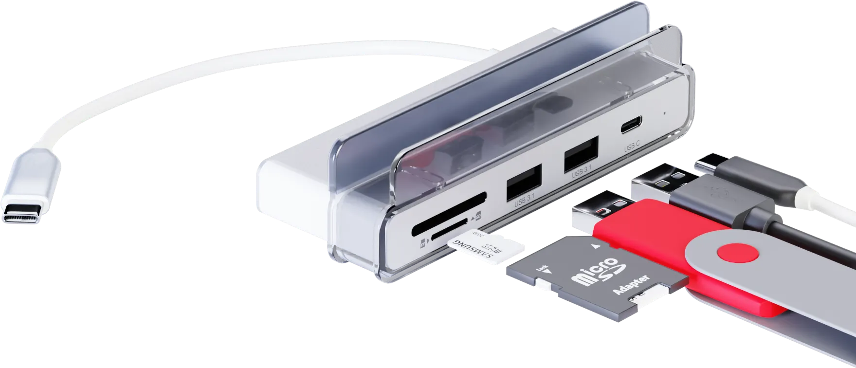 Ein USB-C-Hub mit verschiedenen angeschlossenen Speichergeräten: SD-Karte und USB-Laufwerke.