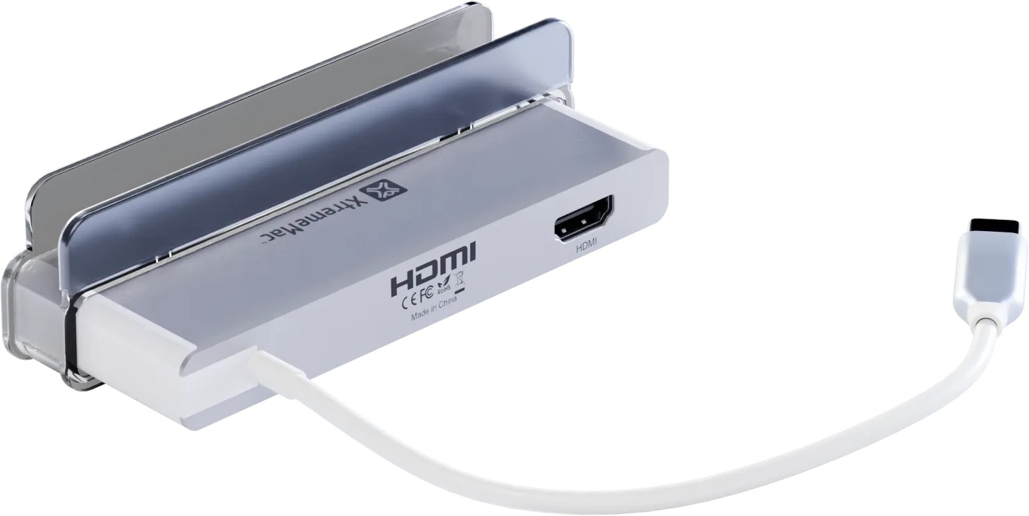 Silbernes Gerät mit weißem Kabel und schwarzem Bildschirm, HDMI-Anschlüsse.
