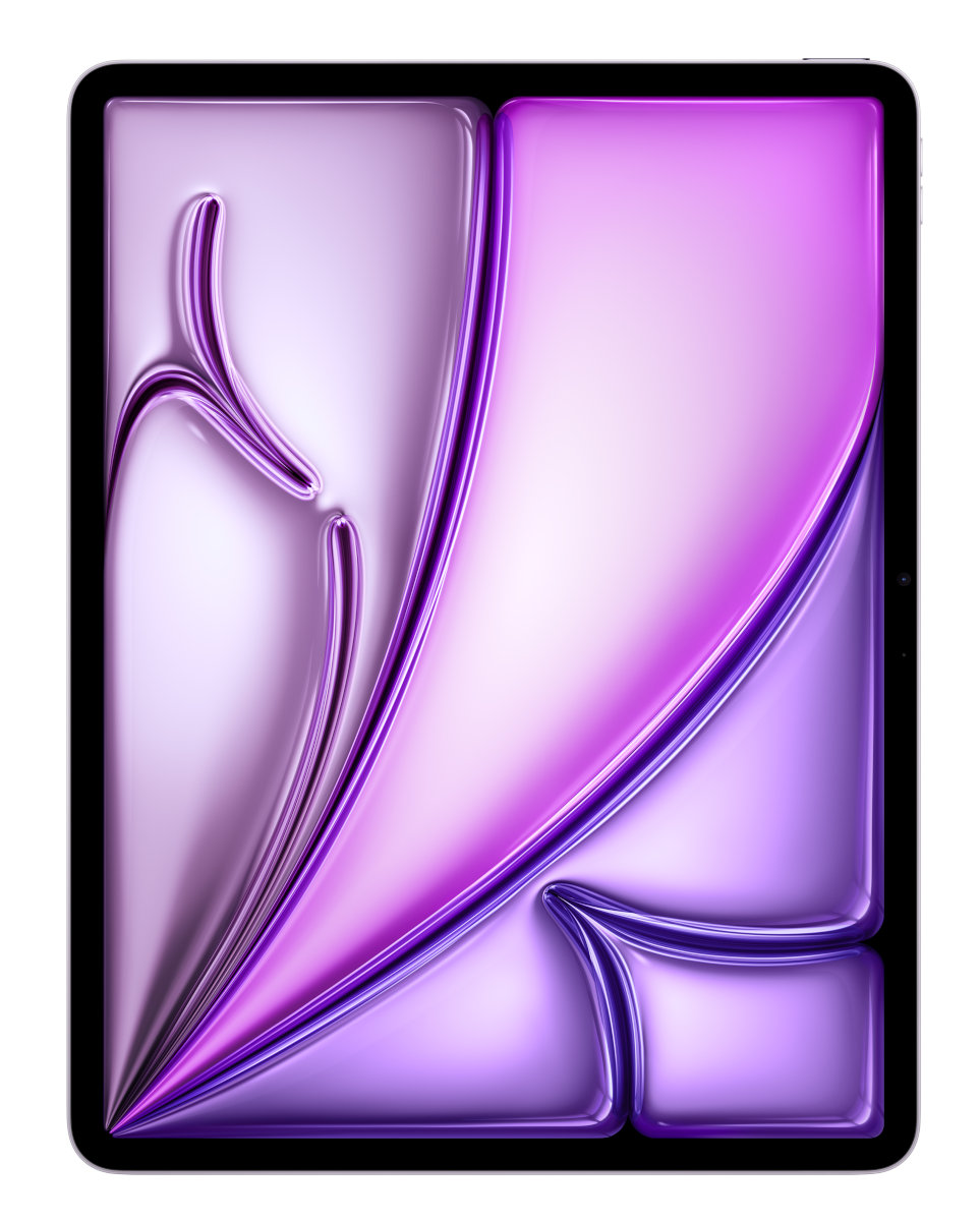 iPad z fioletowym i różowym abstrakcyjnym wzorem na ekranie. Białe tło.
