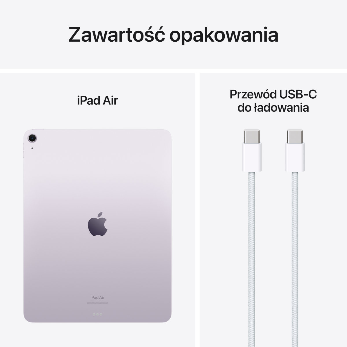 iPad Air i kabel ładujący USB-C. Tekst powyżej mówi: Zawartość opakowania.