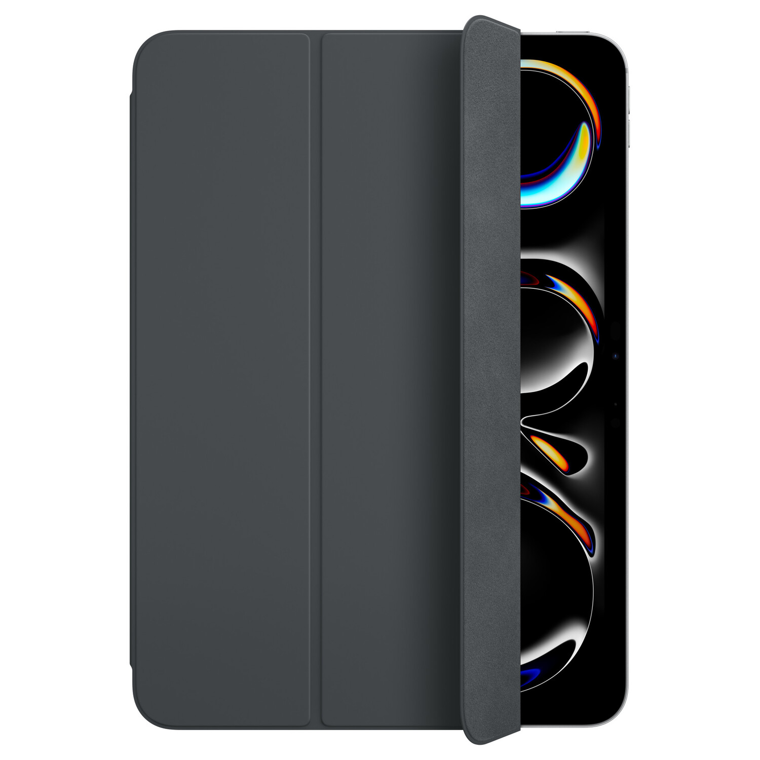 A dark gray tablet case, partially open, reveals the tablet screen.