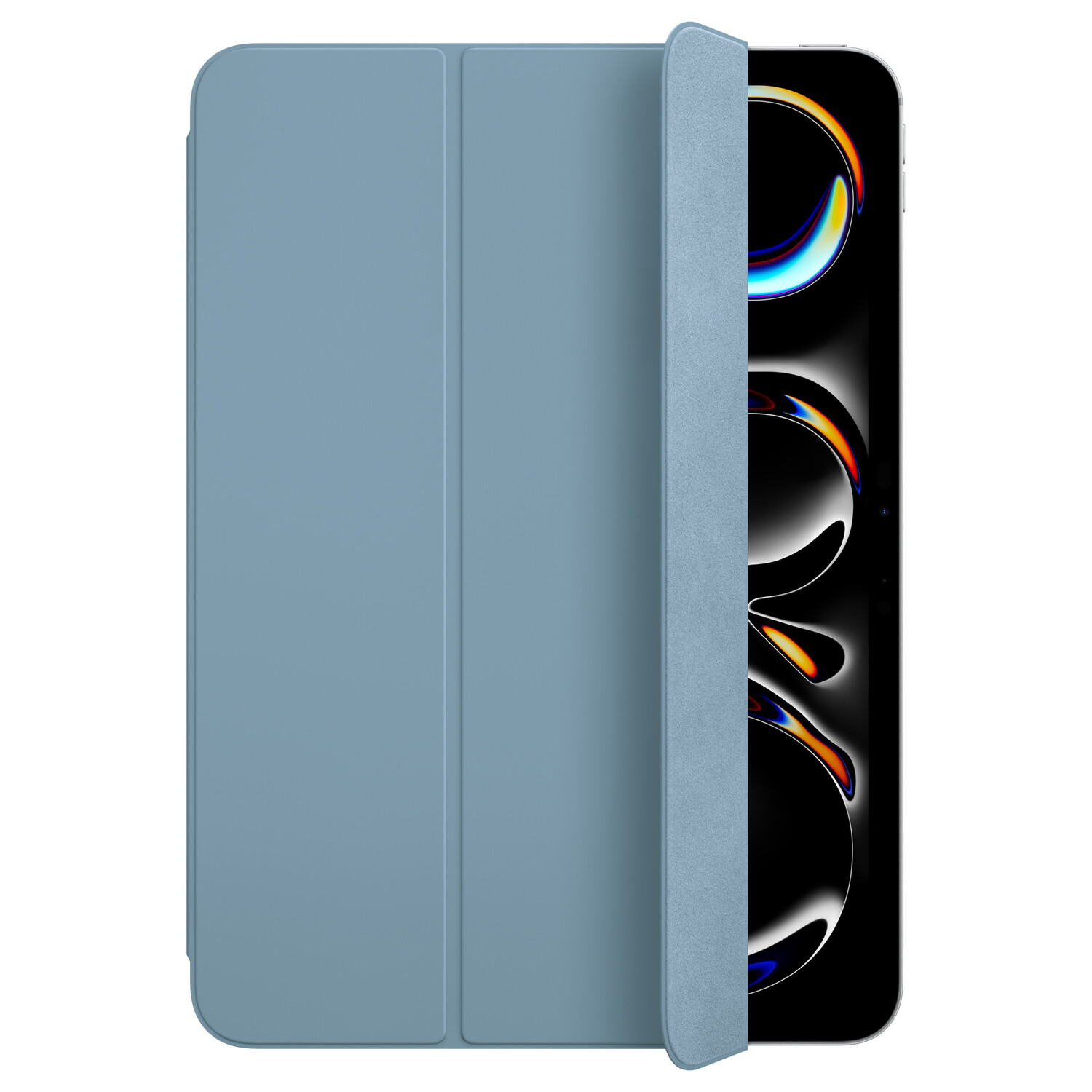Blue tablet case, open. The screen shows colorful abstract graphics.