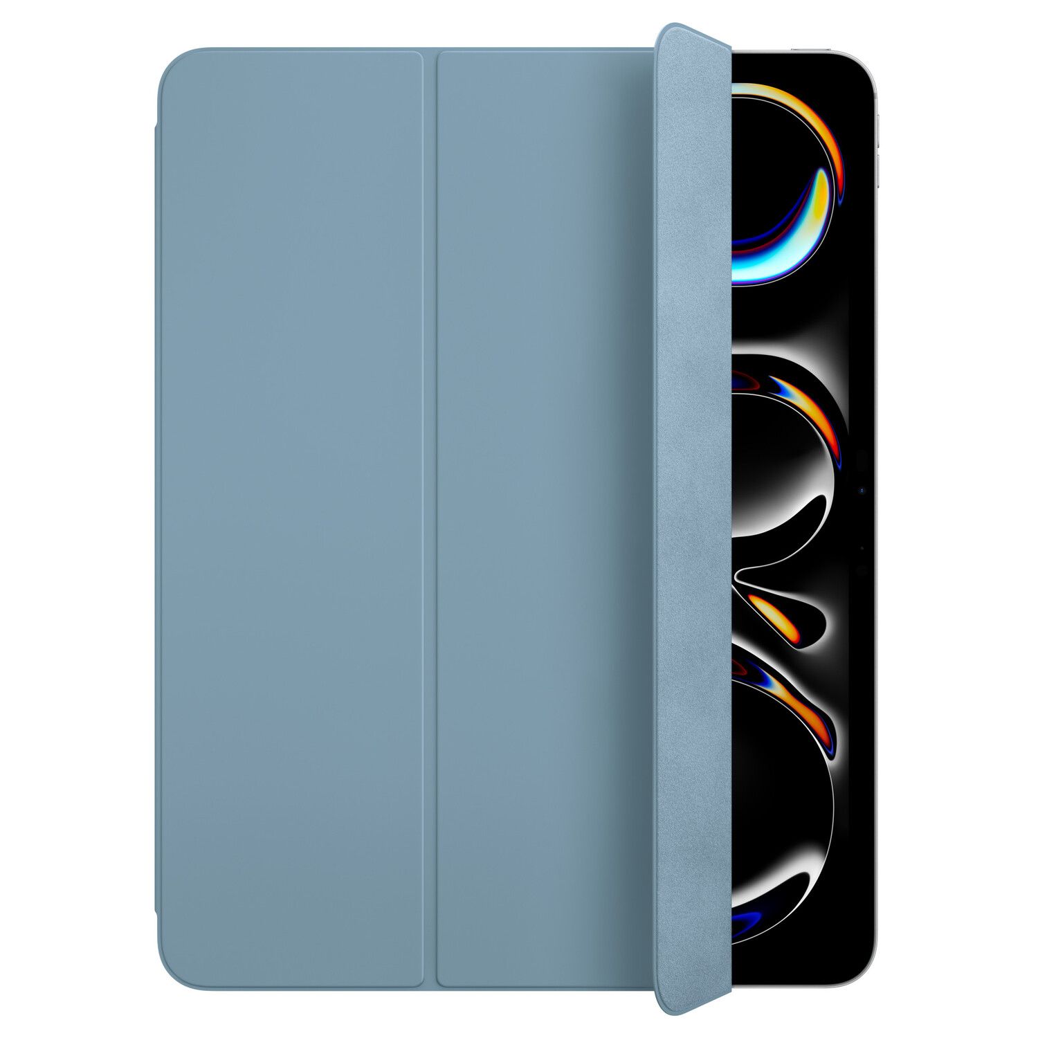 Blue iPad case, partially open, revealing the screen with a colorful design on a black background.