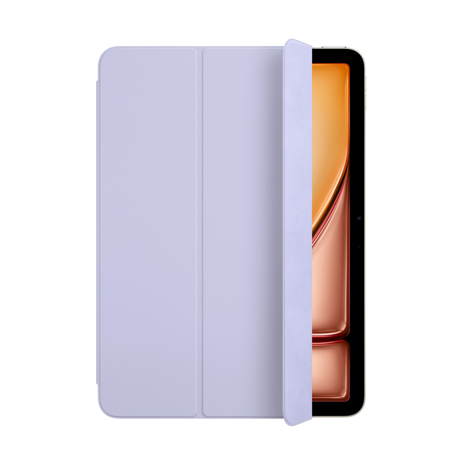 A tablet and cover. The cover is light purple, partially open, revealing the screen.