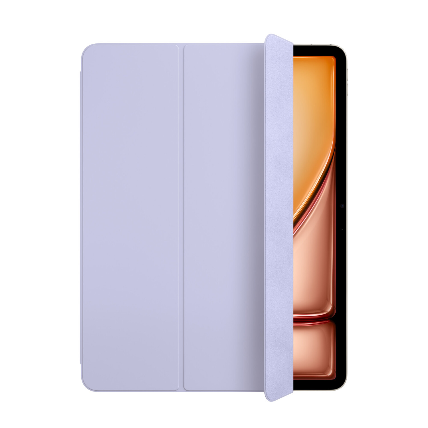 iPad dans un étui violet clair. La moitié de la couverture est ouverte, révélant l'écran.