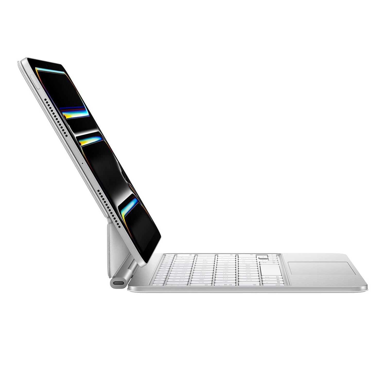 Tablet with keyboard case, side view, white background. Keyboard is silver.