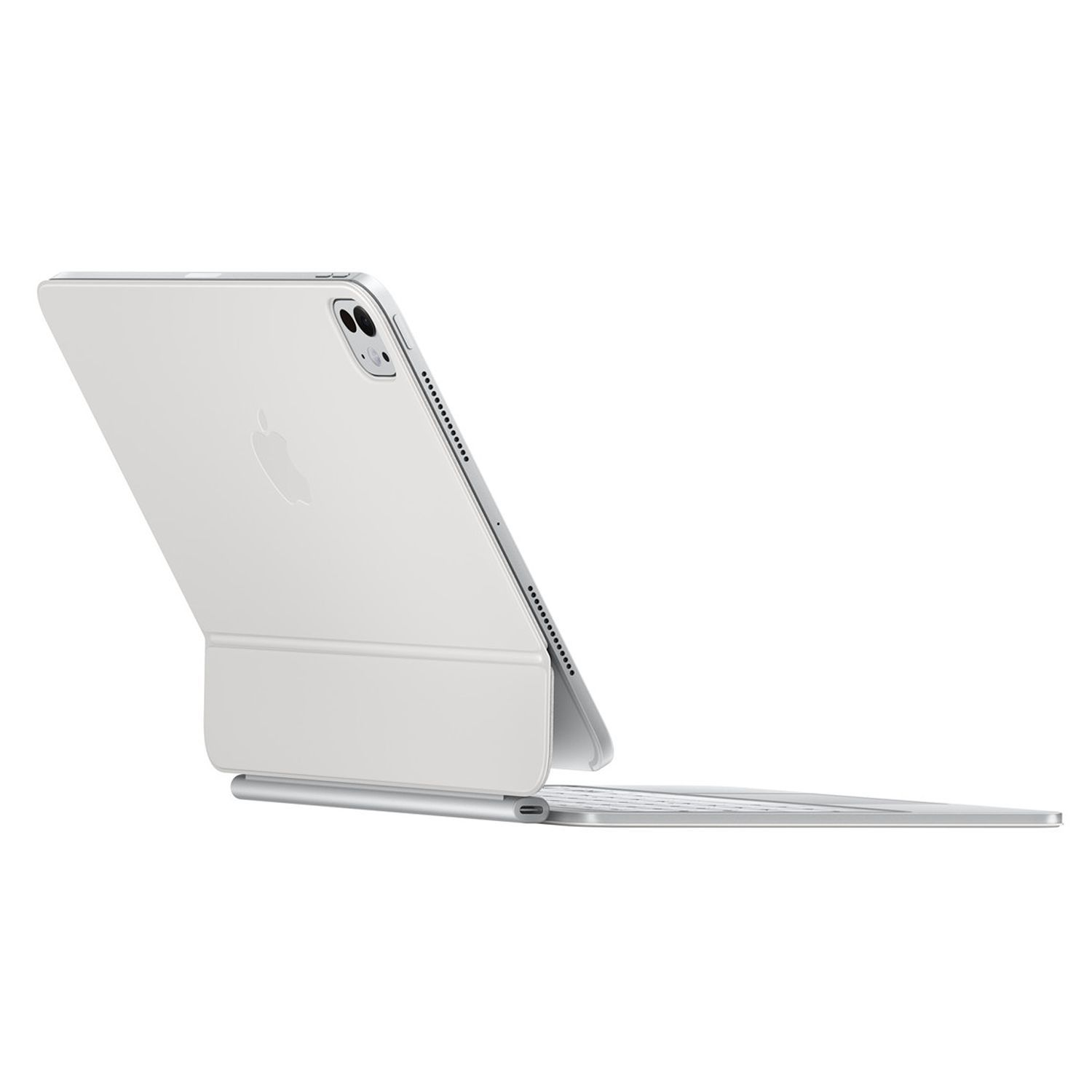 A white Apple iPad Pro with a keyboard cover. The iPad is angled open.