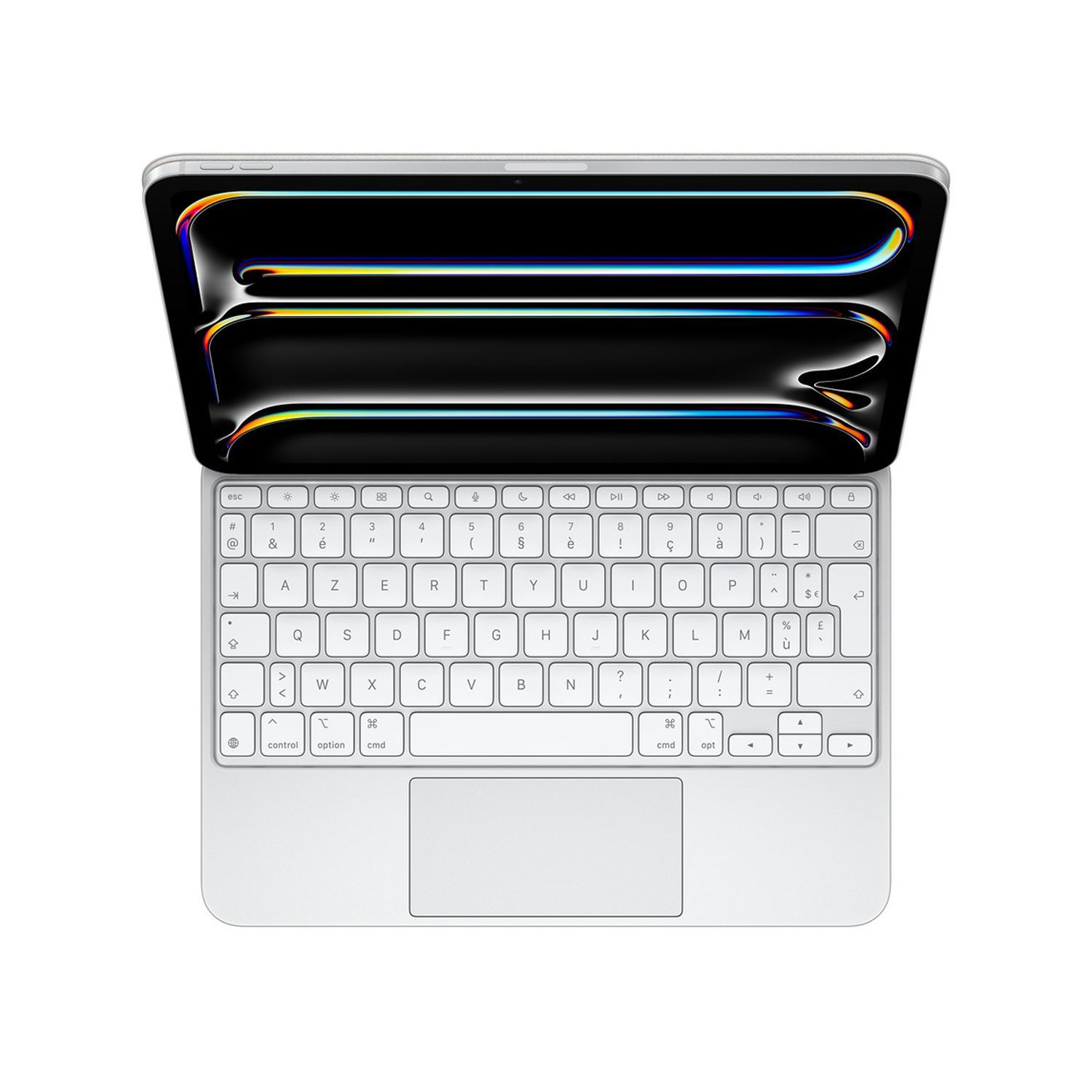 White keyboard with a tablet showing a colorful screen.
