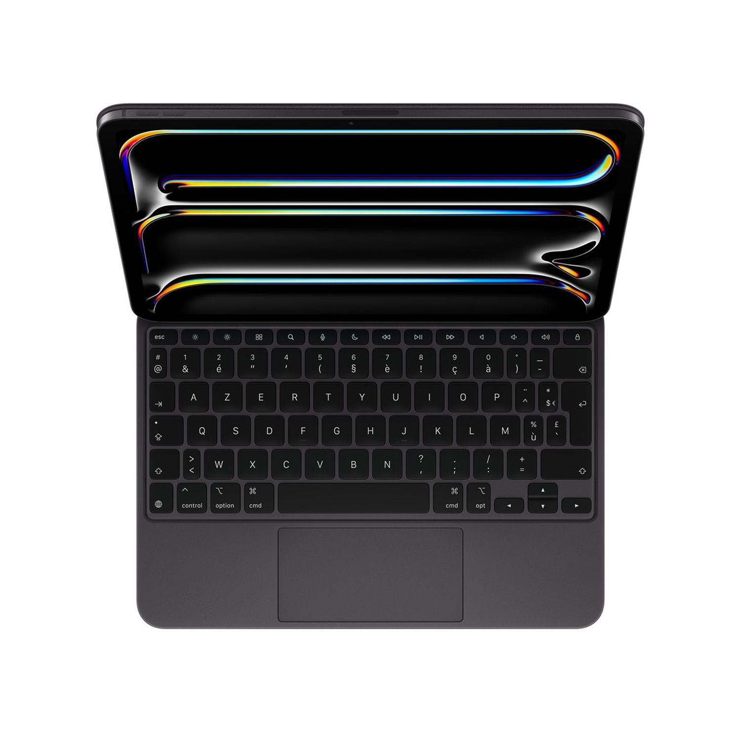 An open, dark gray keyboard with a trackpad. It is on a white surface. The screen is black.