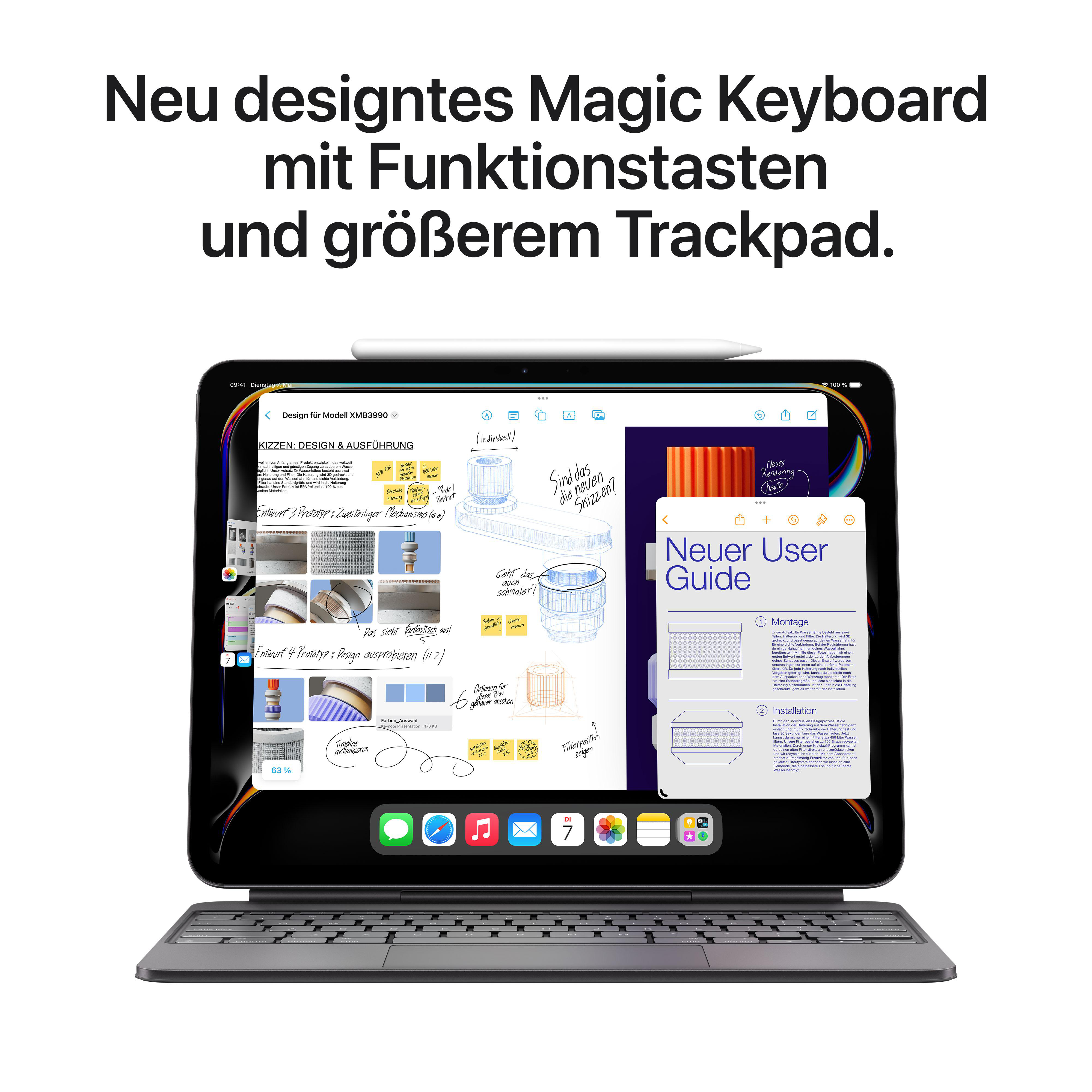 iPad mit Magic Keyboard, Notizen und Benutzerhandbuch. Text: Neu gestaltetes Magic Keyboard.