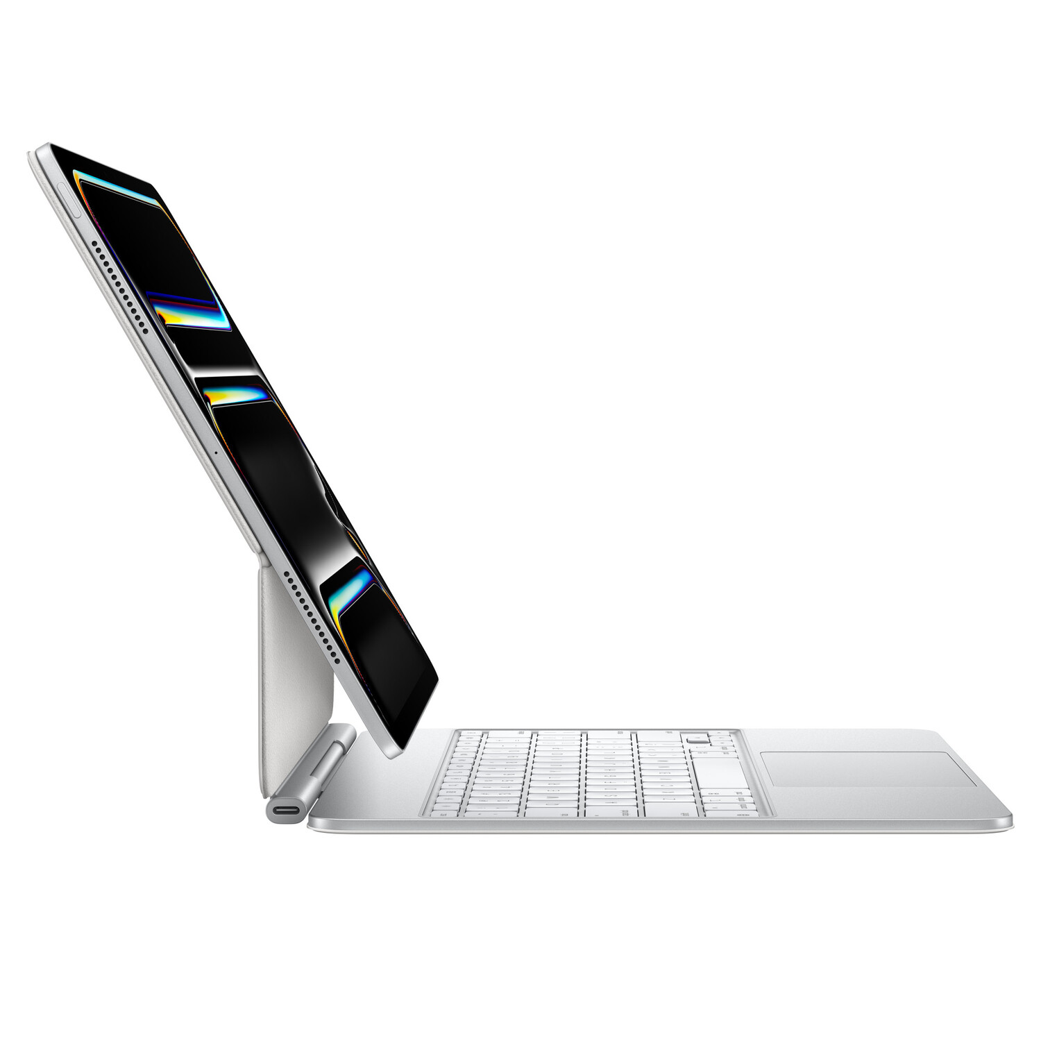 An iPad Pro with a keyboard attached, angled, with the screen facing the viewer.