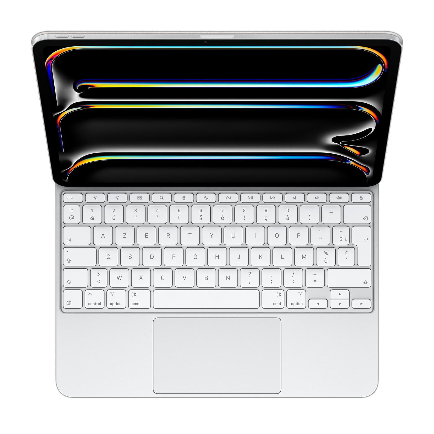 An iPad with a keyboard attached, showing keys and the screen displaying graphics.