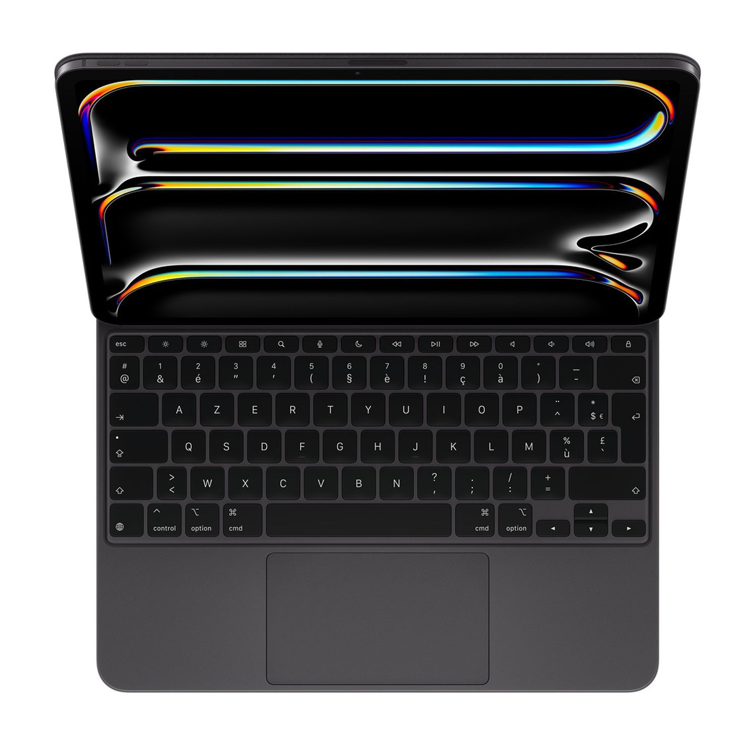 Black keyboard with trackpad. Top down view with keys, similar to the previous keyboard.