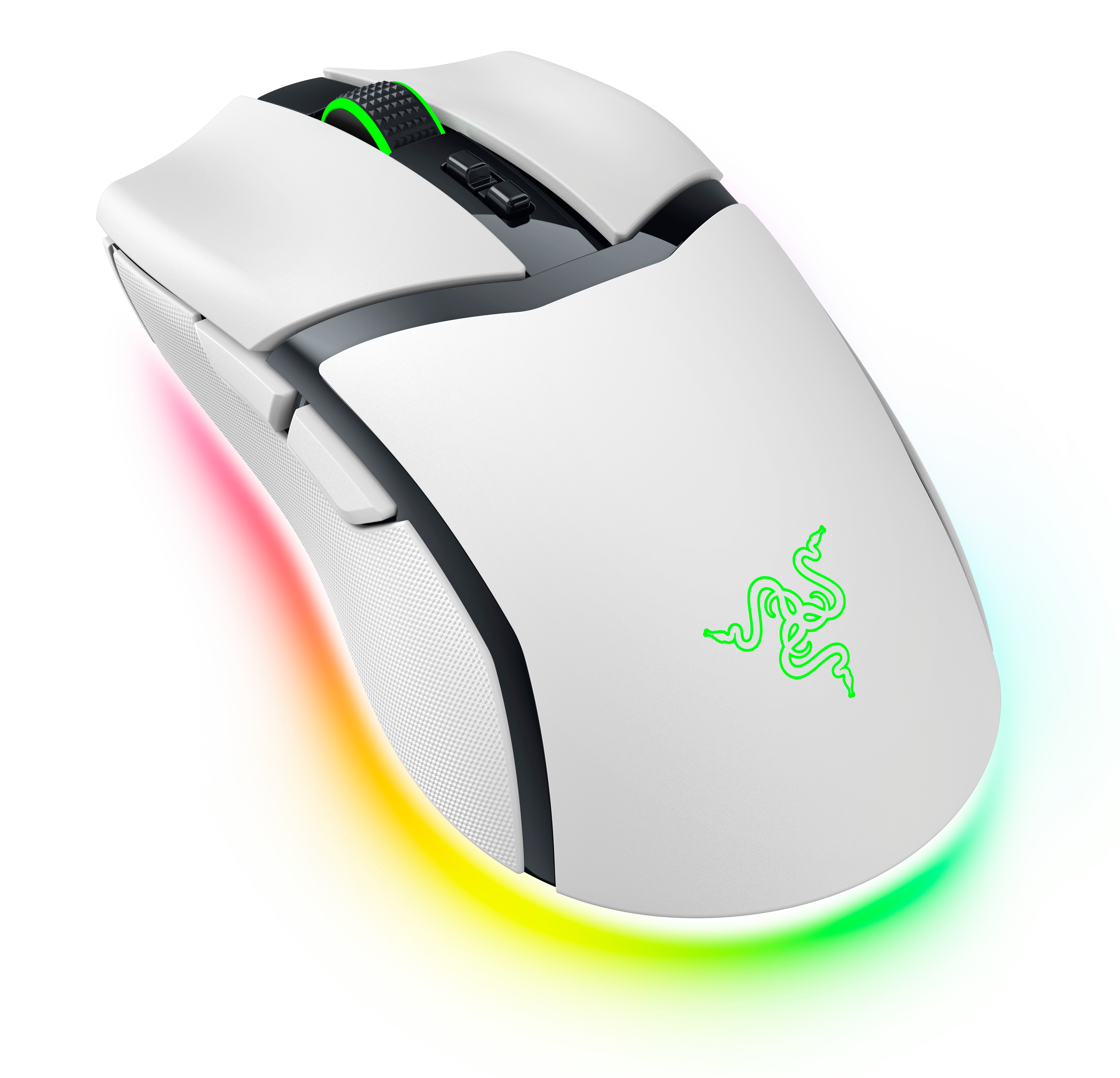 Weiße Razer Gaming-Maus mit RGB-Beleuchtung.