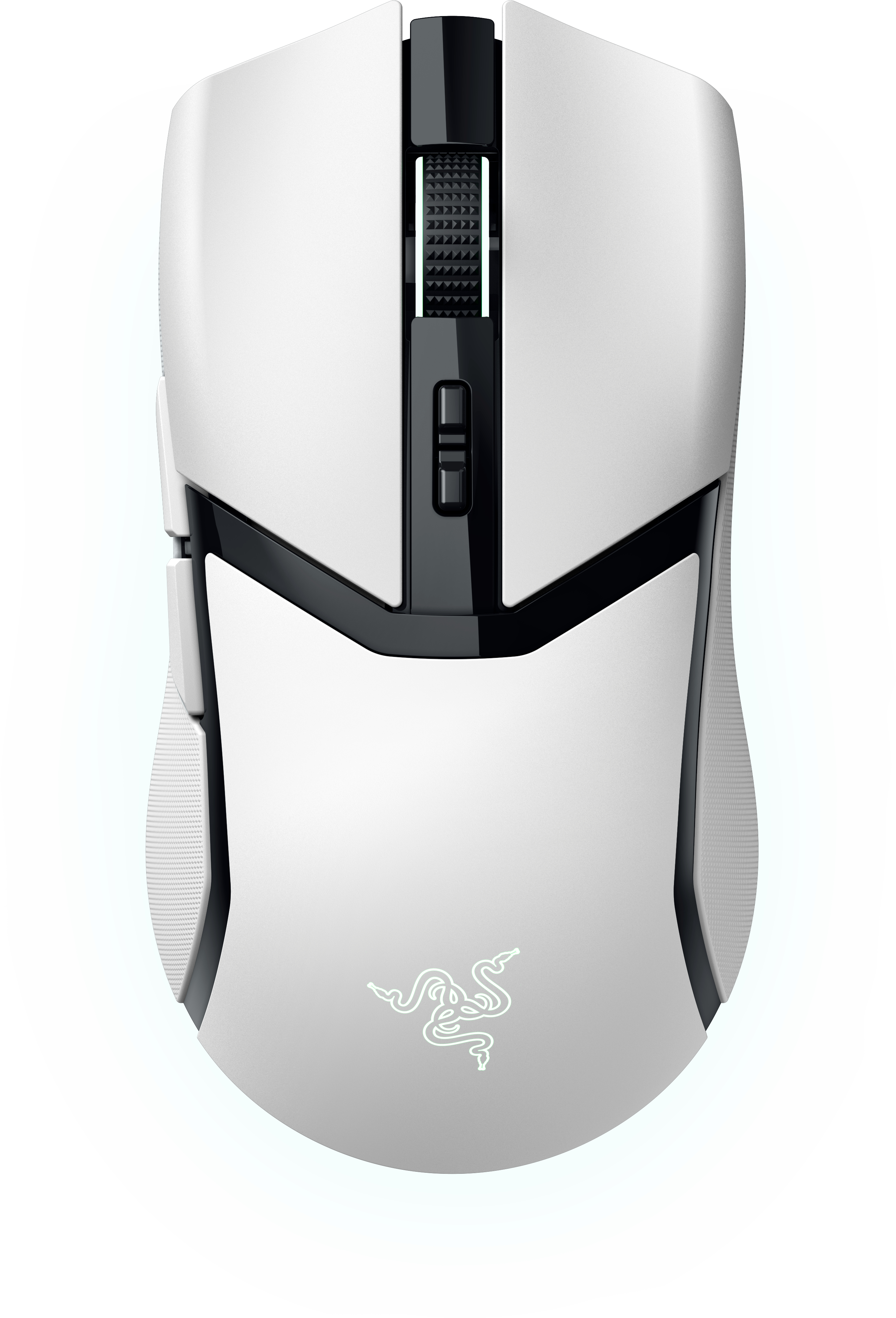 Eine weiße Razer-Maus mit schwarzen Akzenten, Razer-Logo und einem Scrollrad.
