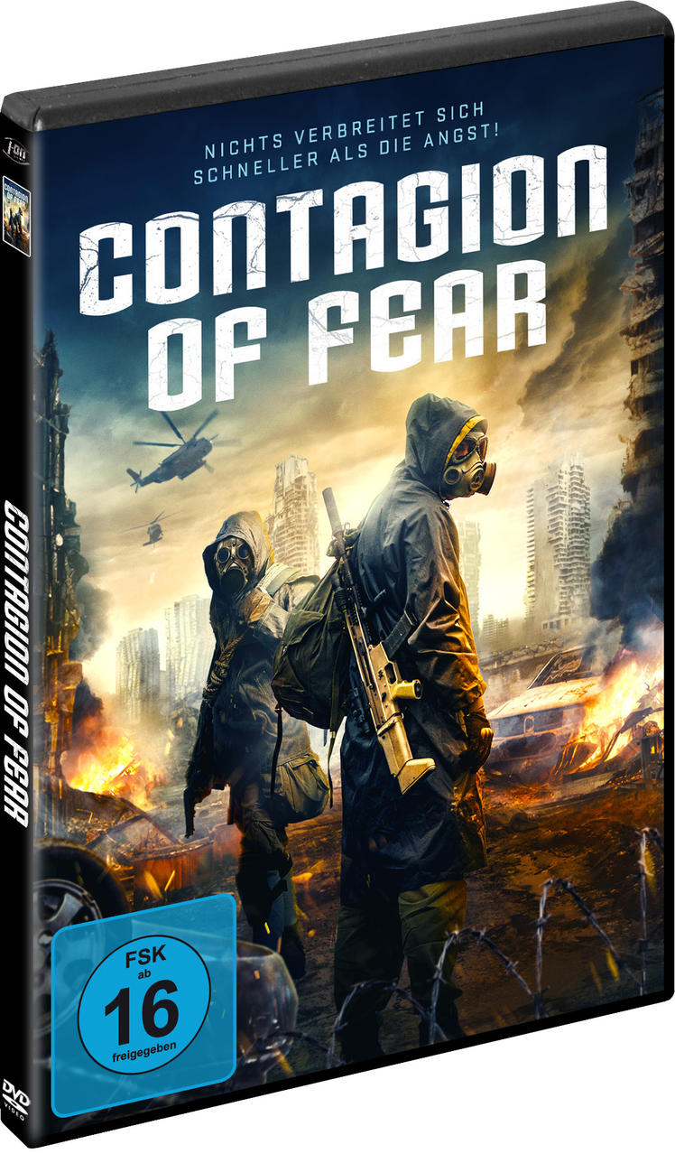DVD-Hülle eines Films namens Contagion of Fear. Zwei Figuren in Gasmasken in zerstörter Stadt.