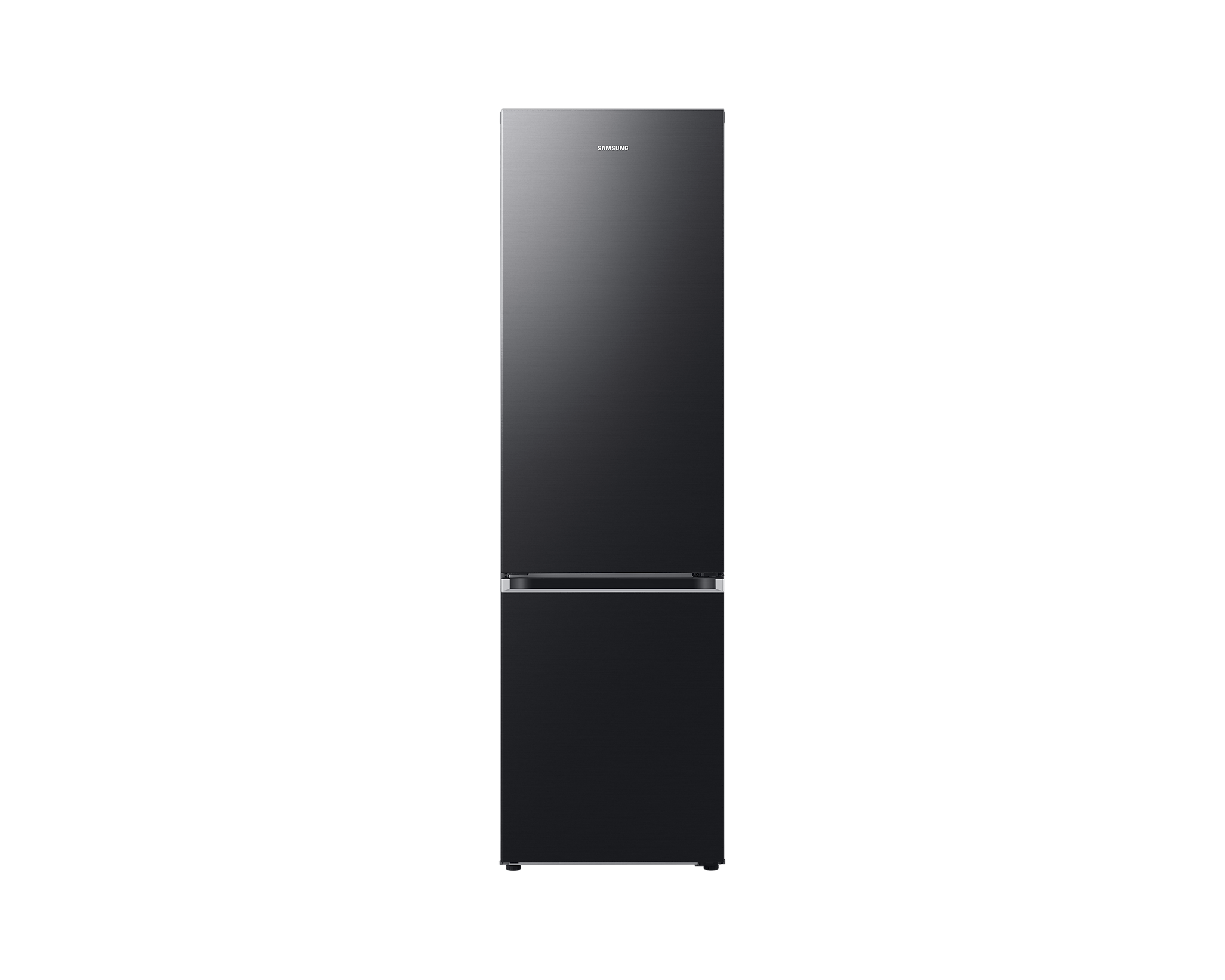 Ein schwarzer Kühlschrank mit zwei Türen. Das Samsung-Logo ist sichtbar.