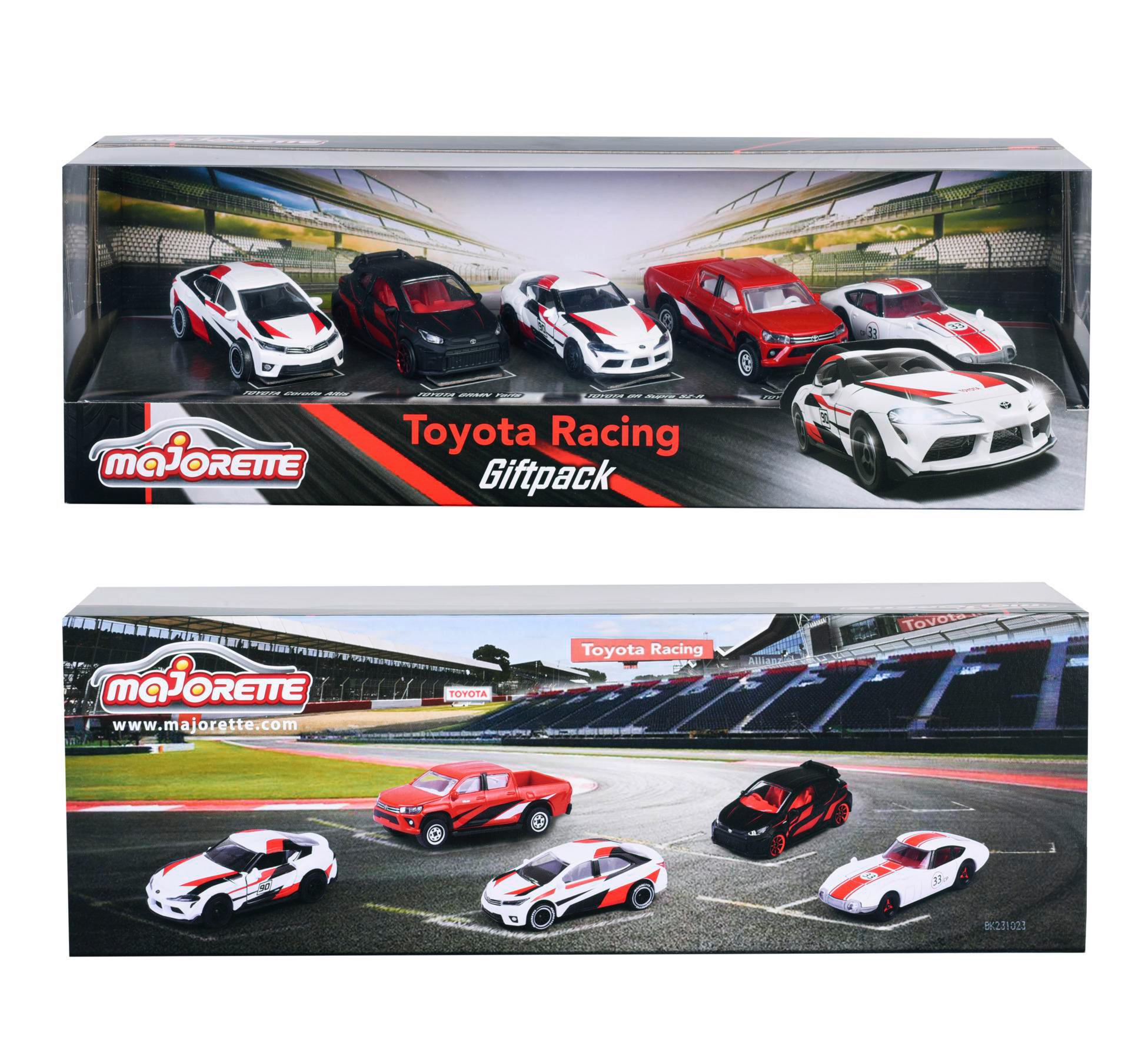 Zwei Spielzeugautoboxen. Eine zeigt Autos und das Toyota Racing Logo. Die andere, eine Anzeige.