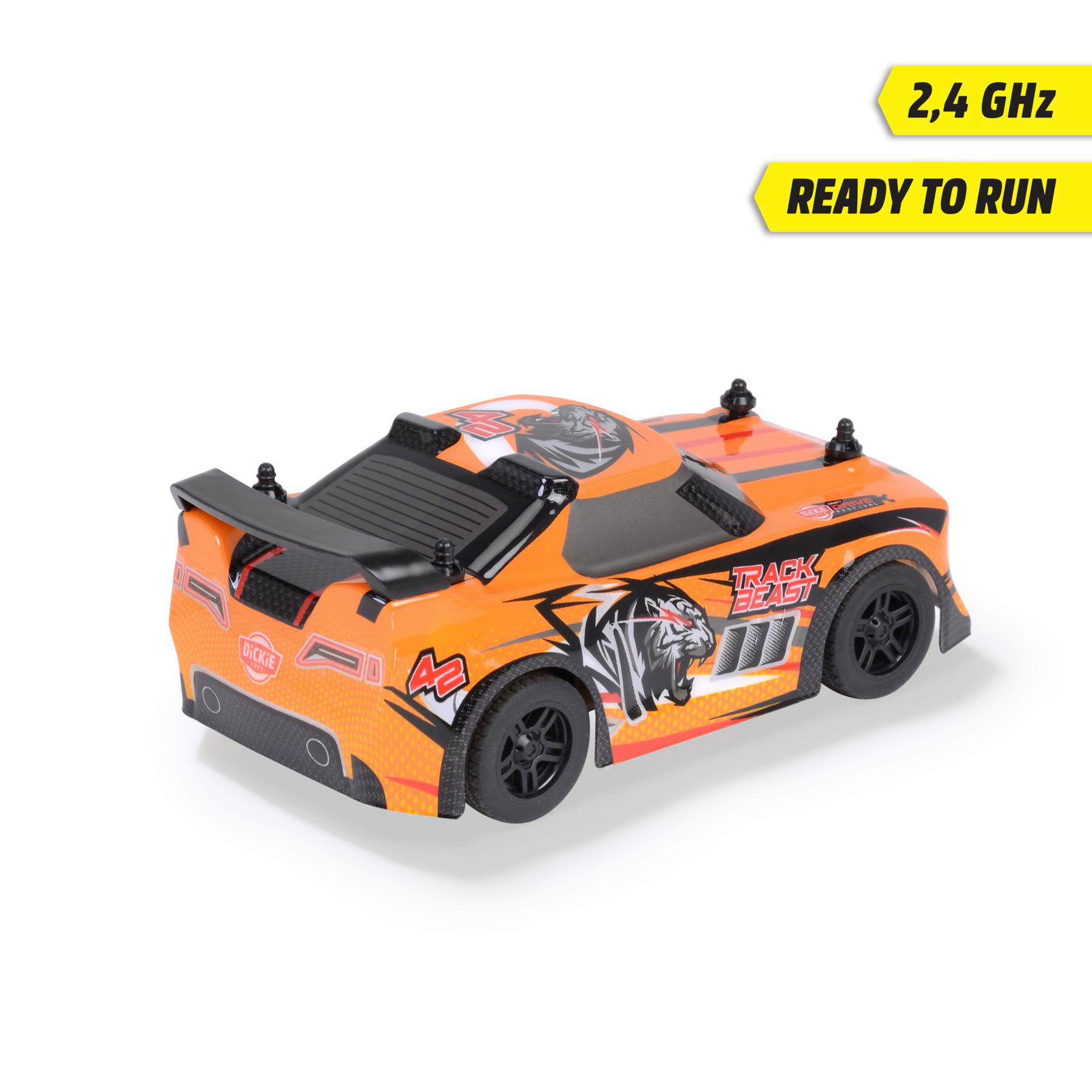 Orange-schwarzes Spielzeugauto mit Text BEREIT ZU FAHREN und 2,4 GHz.