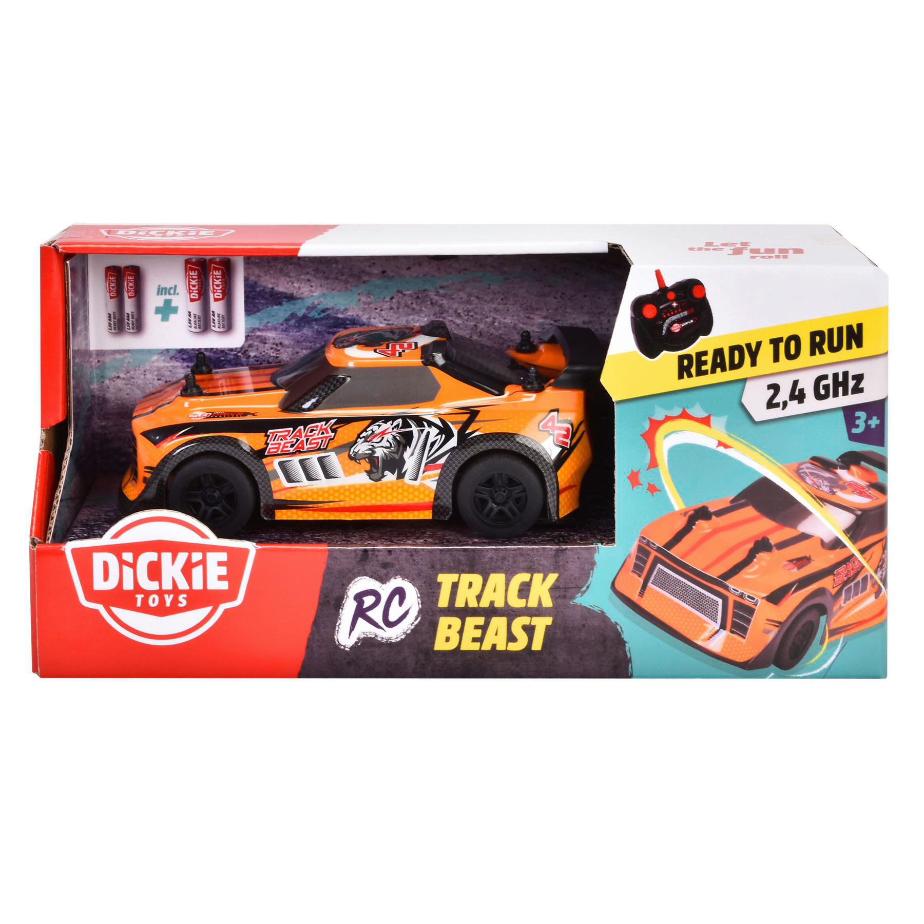 Spielzeugauto in einer Box. Das Auto ist orange und schwarz mit dem Wort 'Track Beast'.
