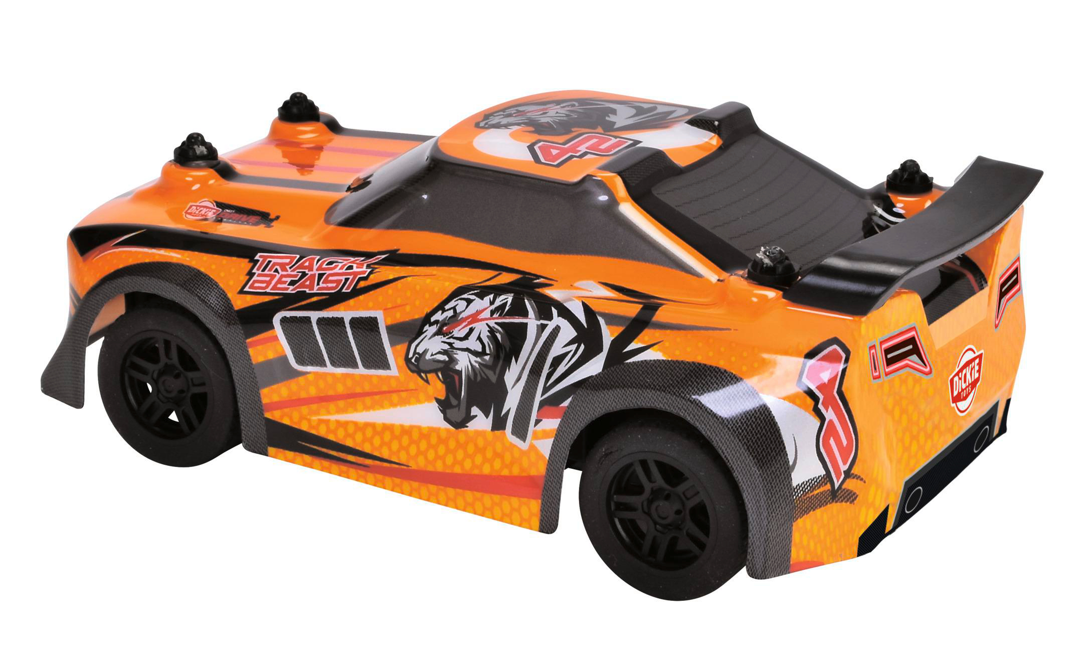 Orange und schwarzes Spielzeug-Rennwagen mit Tiger-Grafik auf weißem Hintergrund.