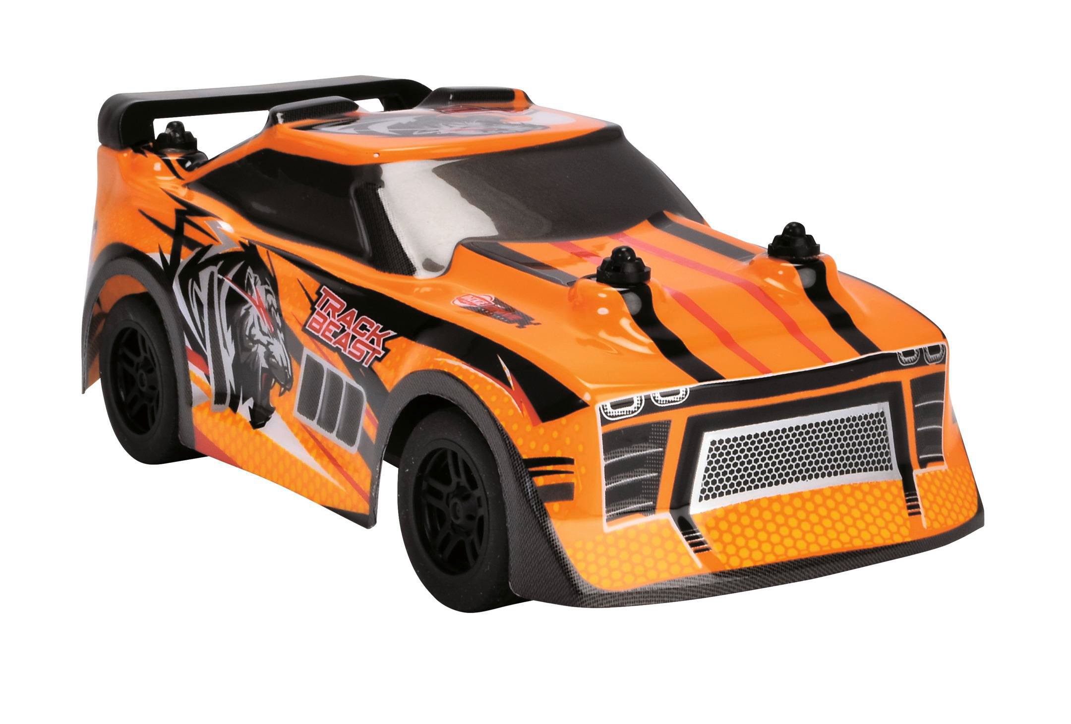 Orangenes und schwarzes Spielzeug-Rennauto. Es hat die Worte 'TRACK BEAST' und eine Tigergrafik.
