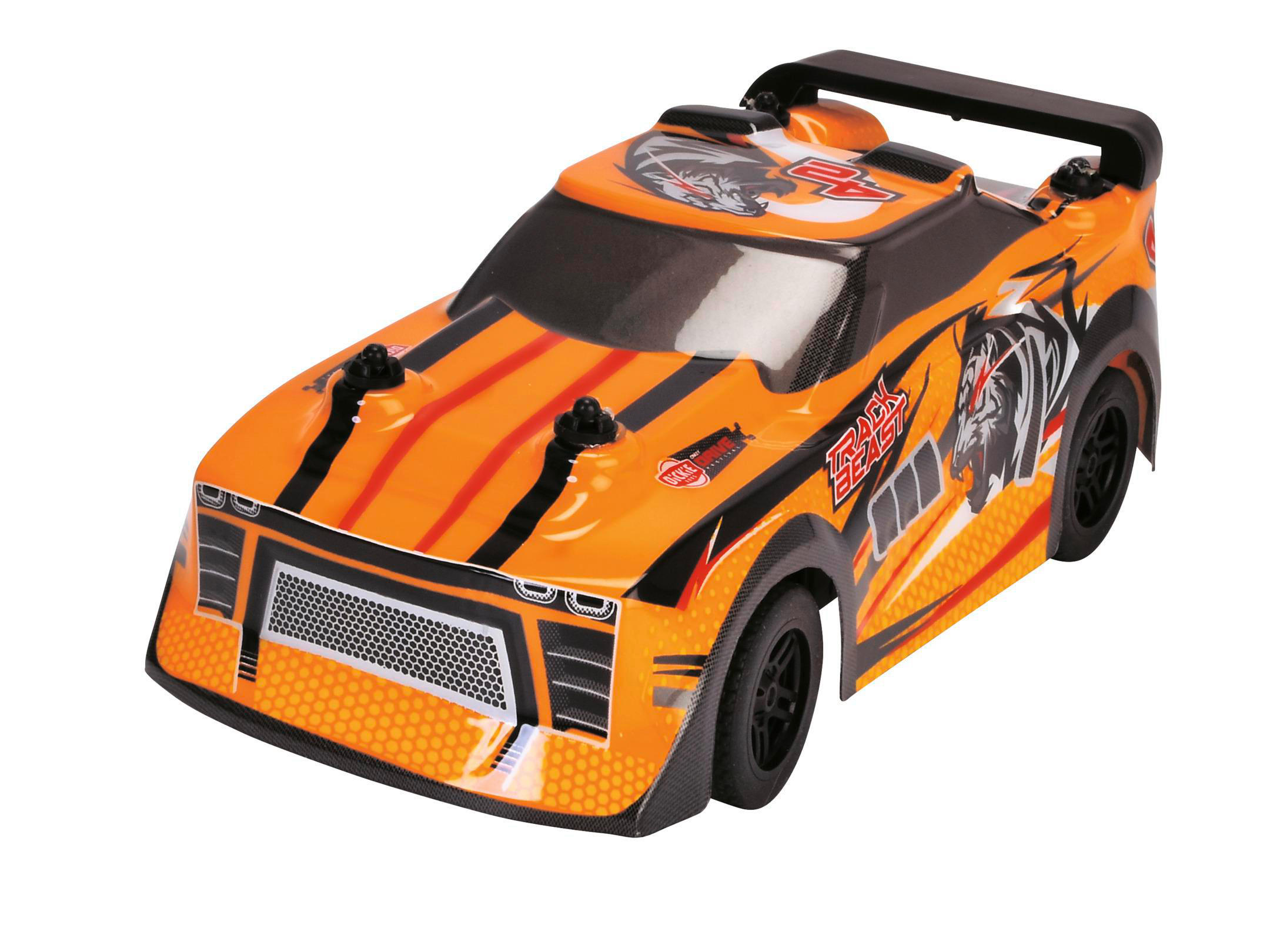 Orange und schwarzes Spielzeugauto. Die Wörter "BEAST" und "24" sind sichtbar.