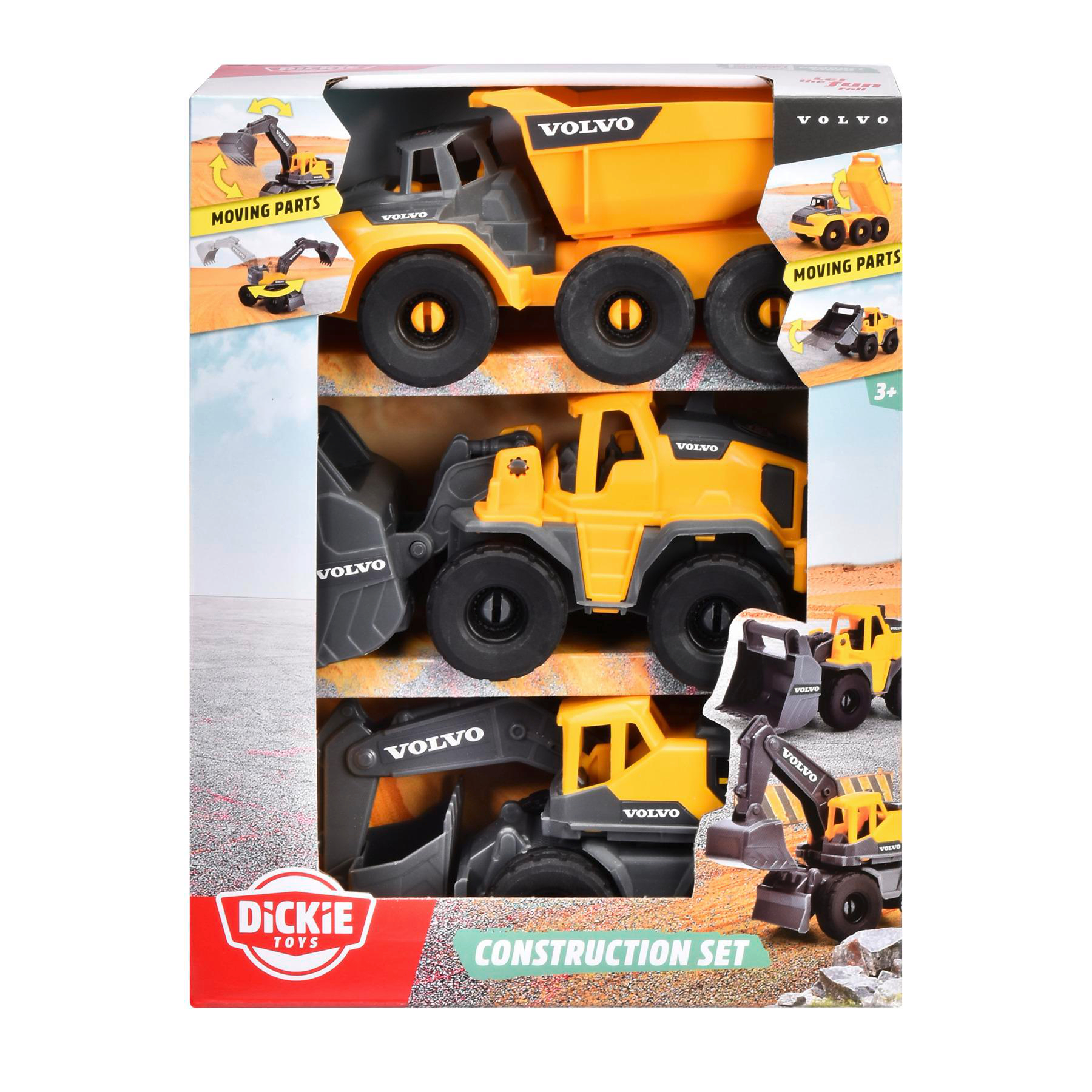Spielzeug-Bausatz mit gelbem Muldenkipper, Bagger und Bagger. Die Box zeigt bewegliche Teile.