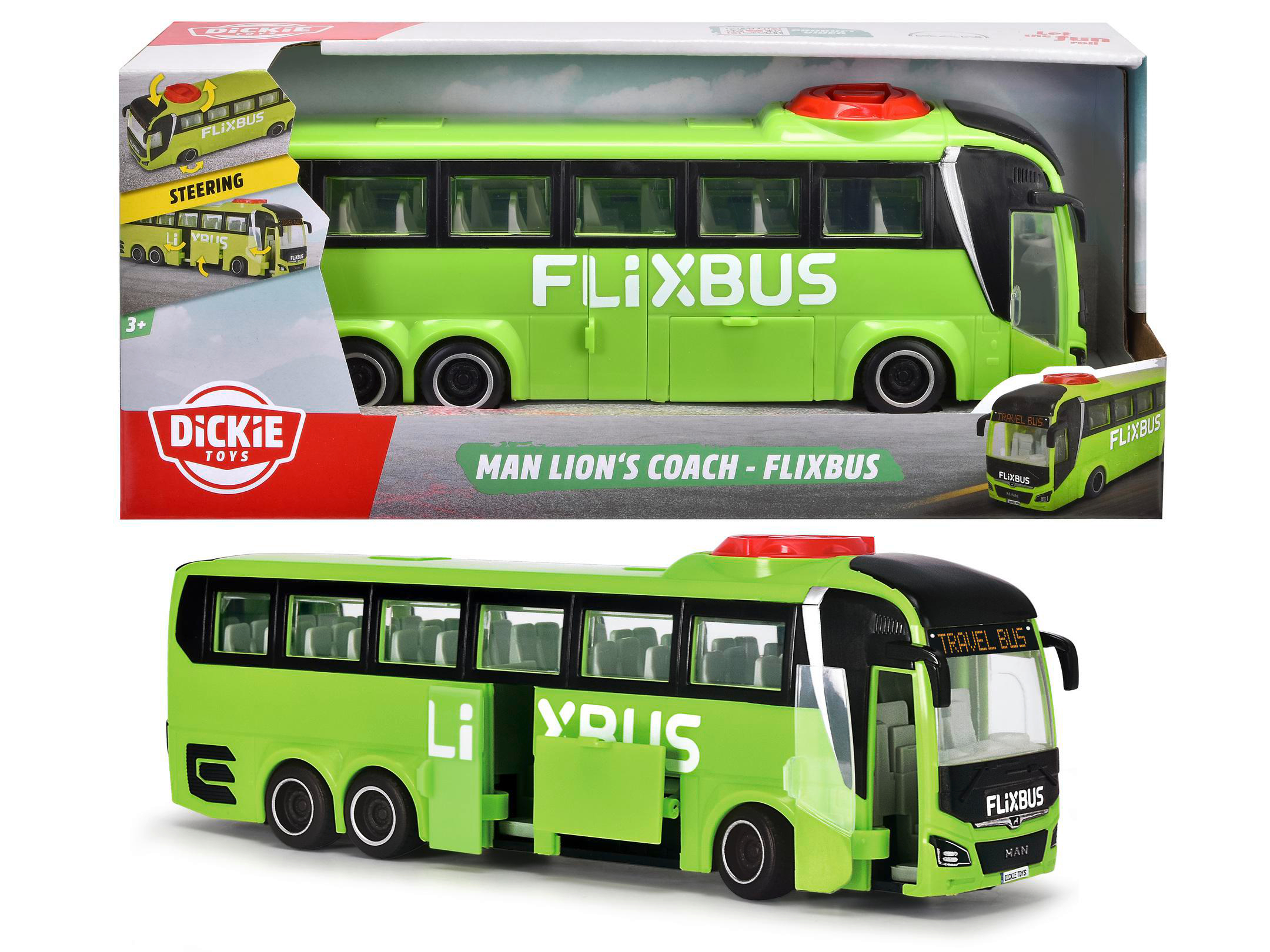 Ein grüner Spielzeugbus mit der Aufschrift "Flixbus" in einer Schachtel. Der Bus steht vor weißem Hintergrund.