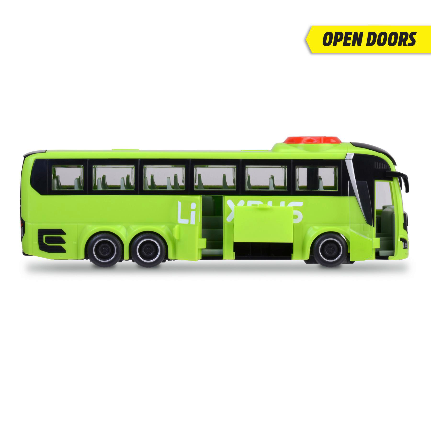 Ein grüner Spielzeugbus mit offenen Türen. Über dem Bus steht 'OPEN DOORS'.