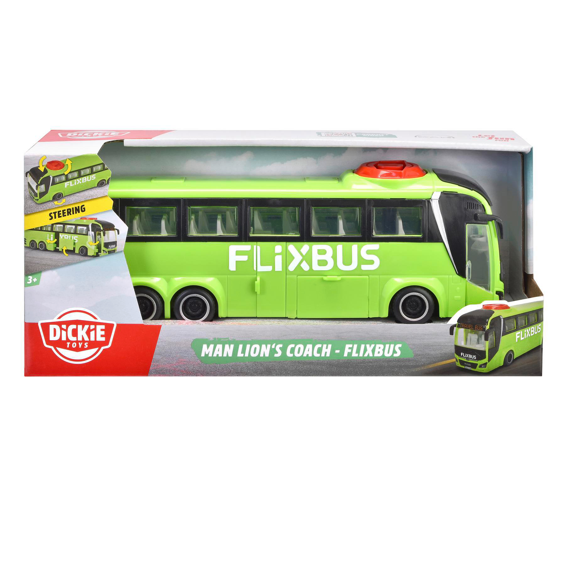 Spielzeugbus in einer Box. Der Bus ist grün mit dem Schriftzug 'FLIXBUS'.