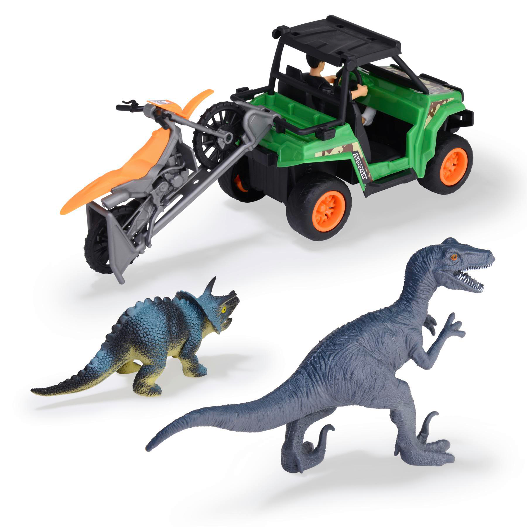 Spielzeug-Set mit einem grünen Jeep, einem orangefarbenen Motorrad und Dinosaurierfiguren. Weißer Hintergrund.