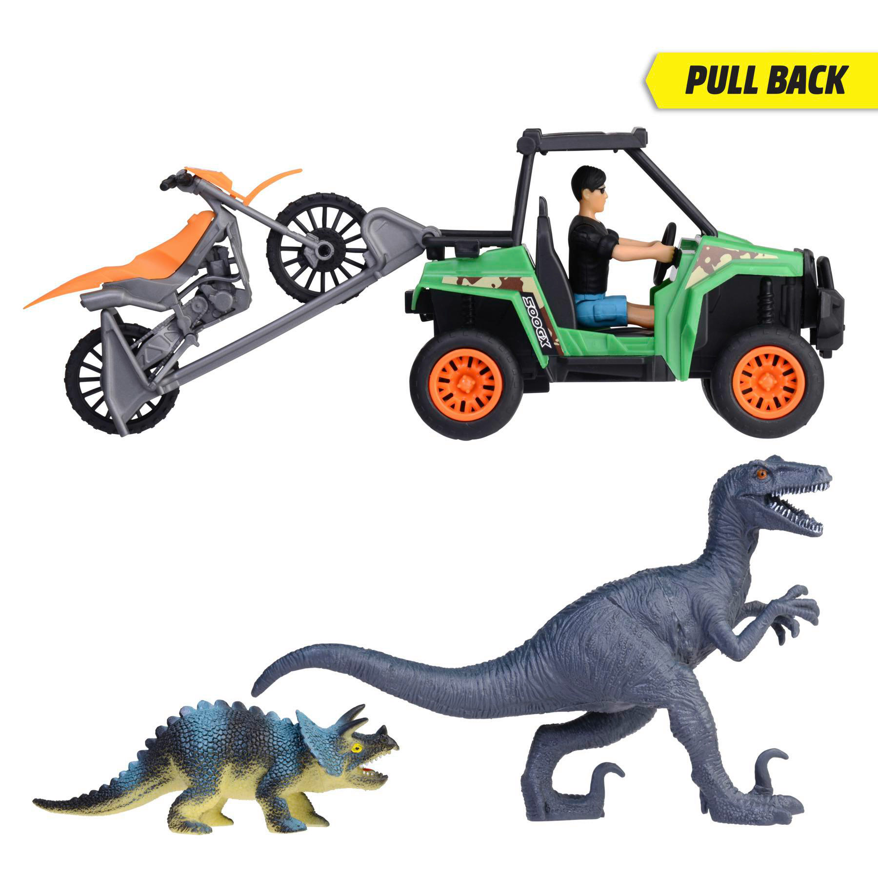 Spielzeugauto, Motorrad und Dinosaurierspielzeug auf weißem Hintergrund.