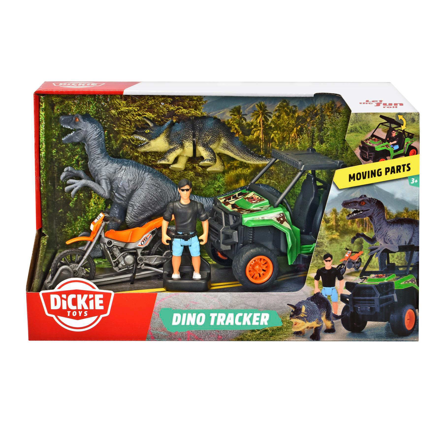 Ein Spielzeugset in einer Box. Es zeigt Dinosaurier, ein Motorrad und einen grünen Jeep.