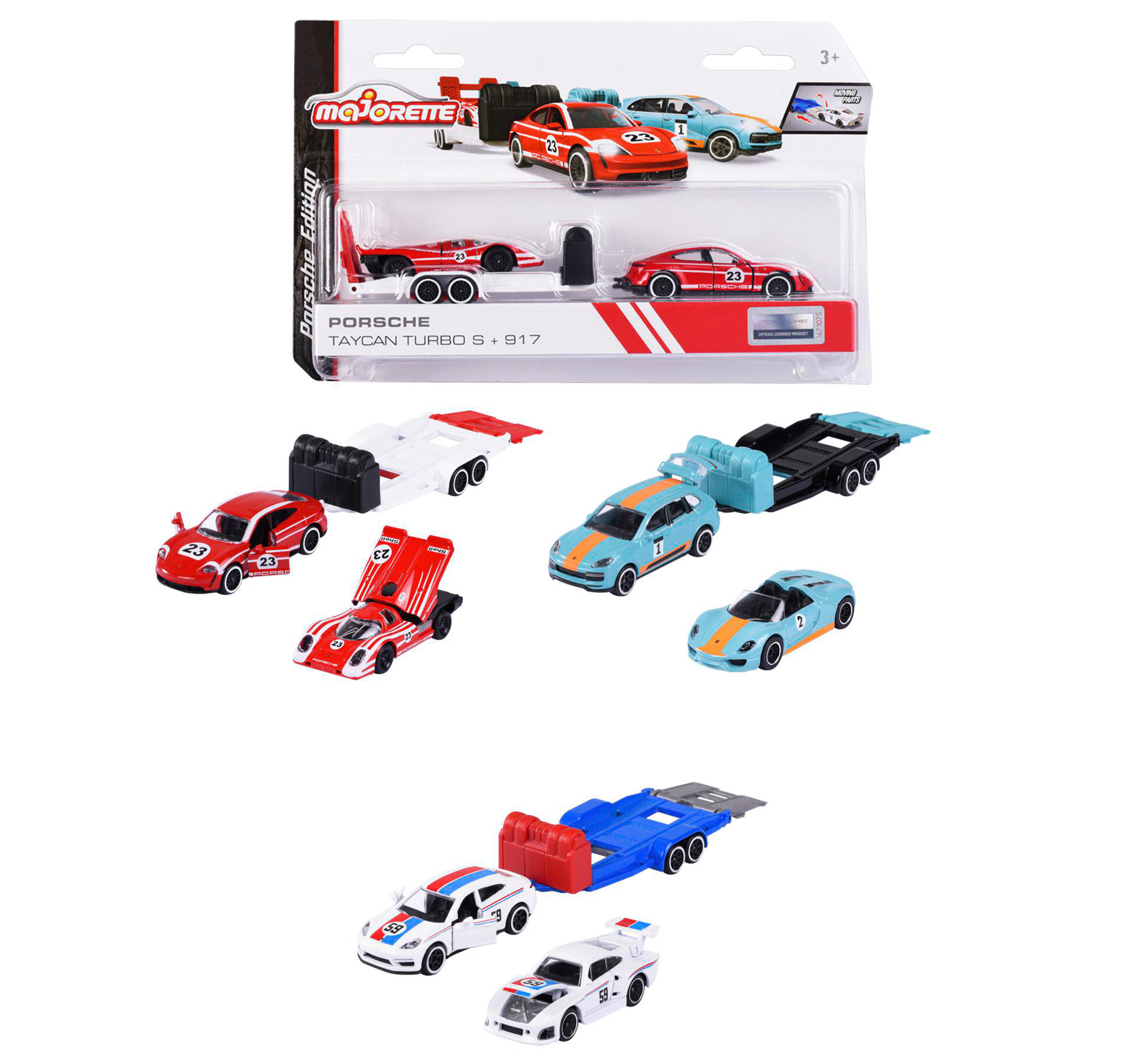 Spielzeugautos auf weißem Hintergrund. Eine Box mit Autos und einem Anhänger.